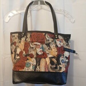 New Sugar Skulls Vinyl Tote Shopper shoulder Bag Black Red DoubleHandle Carryall